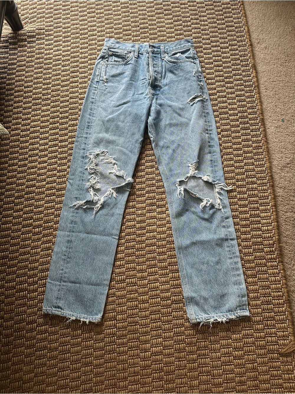 Agolde Light Blue Distressed Straight-Leg Jeans